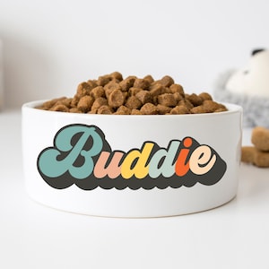 Retro Personalized Dog Bowl Cat Pet Bowl with Name Gift for Pet Vibes Food Bowl Water Bowl Small Cat Bowls Ceramic 6" or 7" White 1