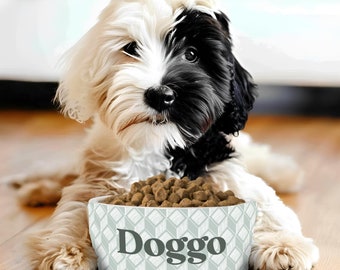 Green Geometric Custom Ceramic Pet Bowls, Personalized Modern Dog Bowls