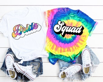 Camisetas de despedida de soltera con efecto tie-dye: camiseta de algodón para el equipo de la novia