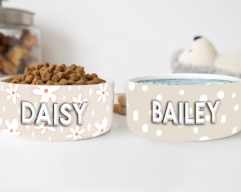 Personalized Ceramic Pet Bowl: Neutral Daisy Print, Cat or Dog Bowl