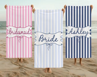 Personalized Bride & Bridesmaid Beach Preppy Stripe Towel: Custom Bachelorette Party Gift