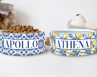 Personalized Dog Bowls, Mediterranean Style Custom Ceramic Food and Water Pet Bowls