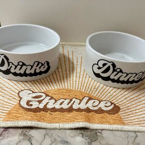 Op de afbeelding: Twee witte keramische huisdierkommen met zwarte letters. De kom links zegt "Drinks" en de kom rechts zegt "Dinner". Een bruin en wit kleed met de naam "Charlee" in bruine letters ligt onder de kommen.