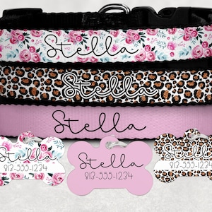 Personalized Dog Collar Custom Dog Tag Girl Dog Collar Leopard Floral Pink