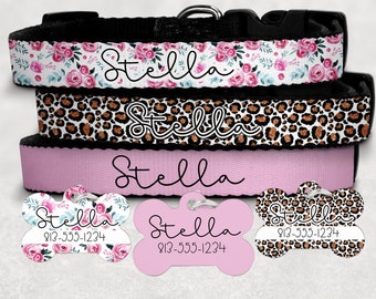 Personalized Dog Collar Custom Dog Tag Girl Dog Collar Leopard Floral Pink