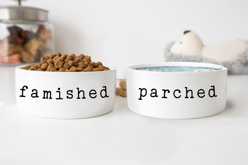 Funny Dog Bowls Famished Parched New Puppy Gift Heavy Food Etsy