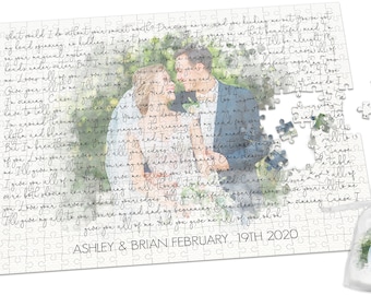 Anniversary Gift Watercolor Illustration Bride and Groom Puzzle Keepsake Artwork Wedding Gift Custom with Vows or Wedding Song Lyrics