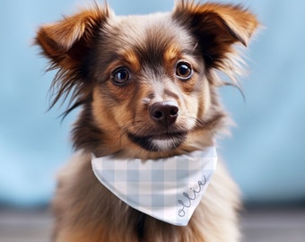 Blue Plaid Custom Boy Dog Bandana With Name Personalized Gingham Dog Scarf