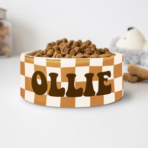May include: A ceramic pet bowl with a brown and white checkered pattern, filled with dry dog food. The name "OLLIE" is displayed in brown, retro-style lettering. A jar and a stuffed animal are in the background.