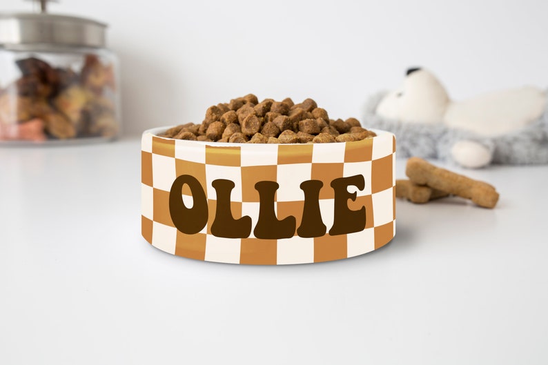 May include: A ceramic pet bowl with a brown and white checkered pattern, filled with dry dog food. The name "OLLIE" is displayed in brown, retro-style lettering. A jar and a stuffed animal are in the background.