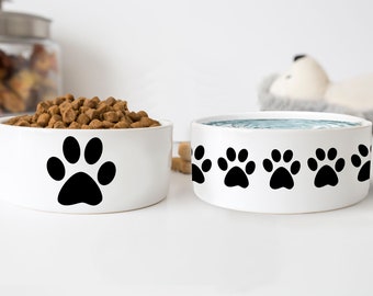 Paw Print Dog Bowls Dog Gift Pet Food Bowl No Spill Heavy Water Bowl Cat Bowls Personalized Dog Bowl Ceramic 6" or 7" White 1