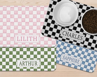 Custom Watercolor Checker Personalized Dog Food Rubber Non-Slip Placemat, 10x16 & 12x18 MANY COLOR OPTIONS