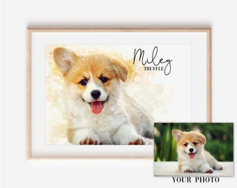 Pode incluir: Uma pintura em aquarela de um filhote de corgi com o nome "Miley Truffle" escrito em cursiva acima do cão. O filhote está deitado com a língua de fora e olhando para a câmera. O fundo é um amarelo suave com respingos de aquarela branca.