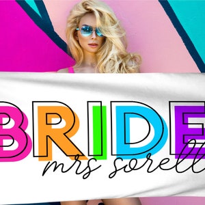 Personalized Bride Towel Neon Rainbow Custom Beach Towel Bachelorette Party Towel Honeymoon Towel Bride Tribe Squad Bach Towels