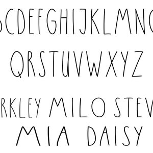 May include: A handwritten alphabet in black ink on a white background. The letters are in uppercase and lowercase. The names Barkley, Milo, Stevie, Mia, and Daisy are written below the alphabet.
