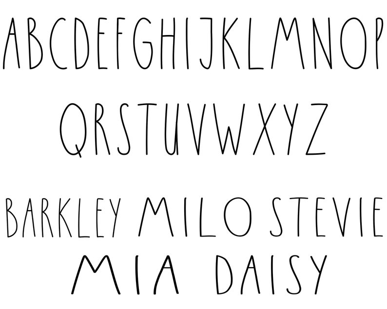 May include: A handwritten alphabet in black ink on a white background. The letters are in uppercase and lowercase. The names Barkley, Milo, Stevie, Mia, and Daisy are written below the alphabet.