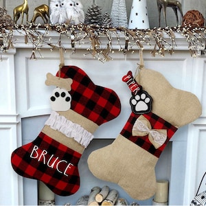 Personalized Dog Christmas Stocking Pet Buffalo Plaid Dog Bone Stocking Christmas Gift for Dog with Name