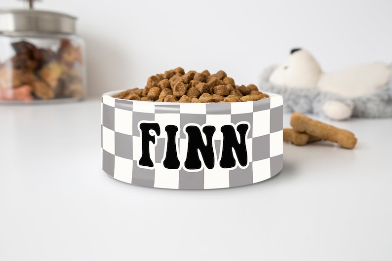 May include: A white and gray checkered dog bowl filled with brown kibble. The bowl has the name "FINN" in bold, black letters. A jar of treats and a stuffed animal are in the background.