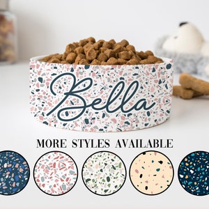 Boho Chic Terrazzo Personalized Pet Bowls for Dogs and Cats Eclectic Modern Spotted Dishes With Name