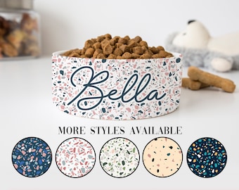 Boho Chic Terrazzo Personalized Pet Bowls for Dogs and Cats Eclectic Modern Spotted Dishes With Name