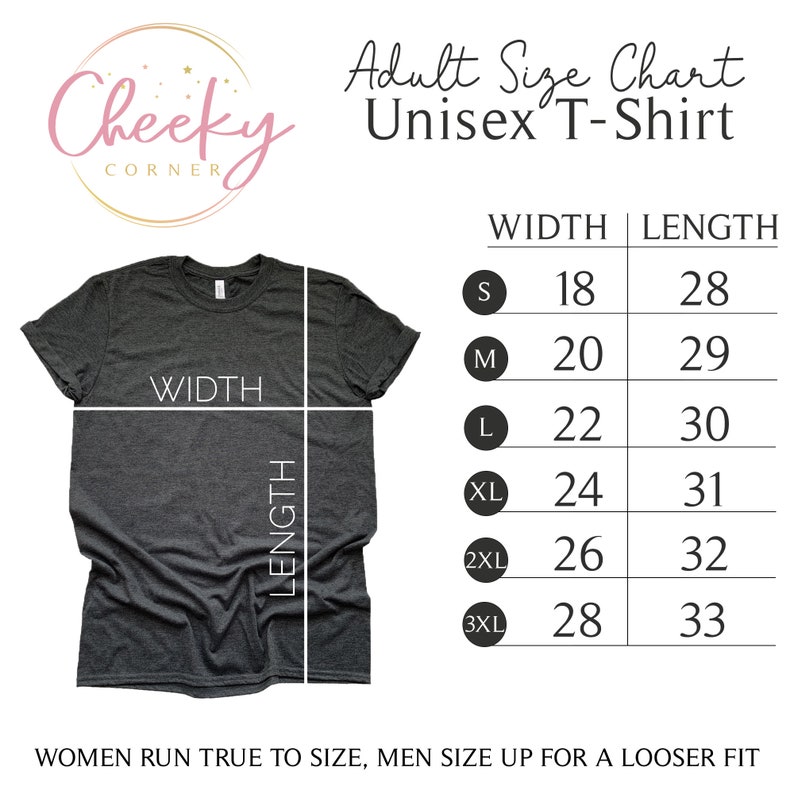 May include: Size chart for a unisex t-shirt. The chart shows the width and length measurements in inches for sizes S, M, L, XL, 2XL, and 3XL. The text "Women run true to size, men size up for a looser fit" is at the bottom of the chart.