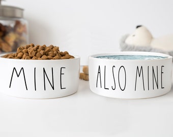 Funny Dog Gift Pet Food Bowl Water Bowl Cat Bowls Mine Also Mine Personalized Dog Bowl Ceramic 6" or 7" White 1