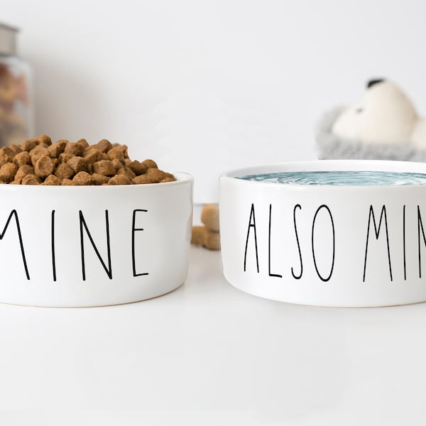 Funny Dog Gift Pet Food Bowl Water Bowl Cat Bowls Mine Also Mine Personalized Dog Bowl Ceramic 6" or 7" White 1