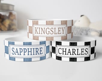 Personalized Watercolor Checkered Pet Bowl: Ceramic Dog Cat Food Bowl - MORE COLORS AVAILABLE