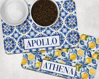 Blue Tile Print Personalized Pet Placemat, Neoprene Mediterranean Decor Dog Food Mat