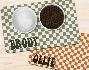 Custom Retro Checkered Personalized Dog Food Mat Placemat With Name Rubber Non-Slip