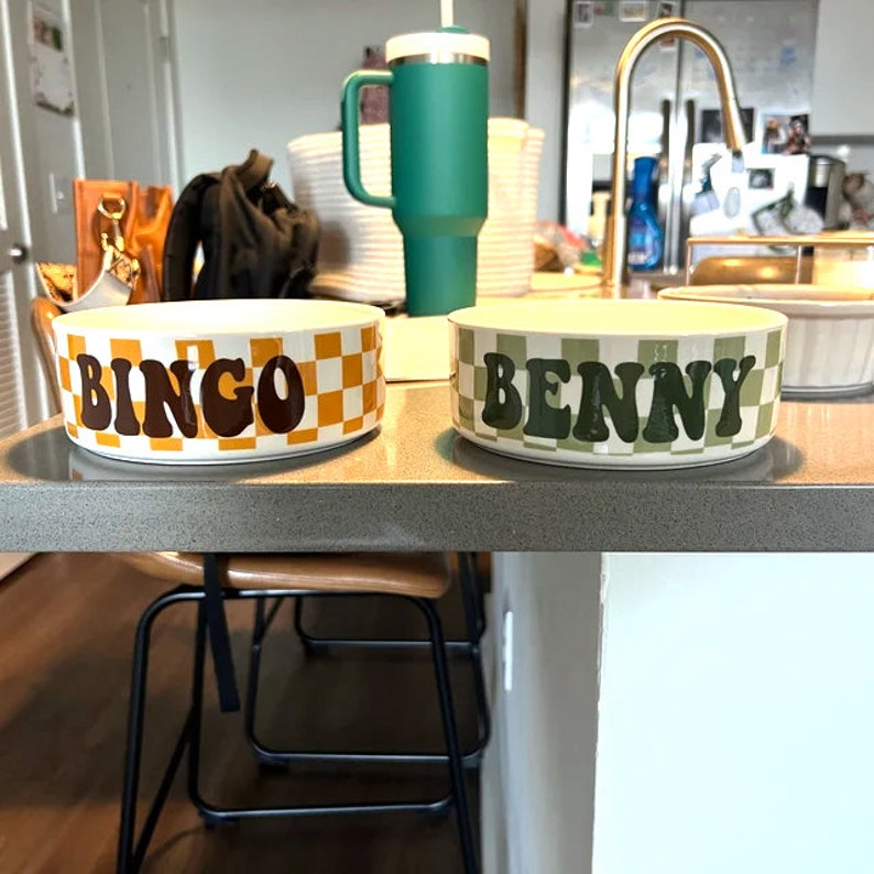 May include: Two ceramic pet bowls with checkerboard patterns and names. One bowl has the name "BINGO" in brown letters on an orange and white checkered background. The other bowl has the name "BENNY" in green letters on a green and white checkered background.