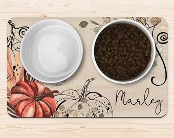 Personalized Fall Dog Mat Pumpkin Custom Pet Placemat Home Fall Decor Cat Food Mat with Name Gift for Pet 12x18 Rubber Non-Slip Mat