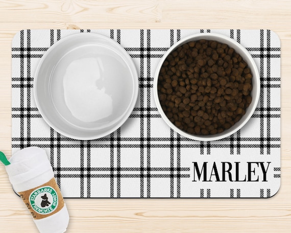 Personalized Dog Placemat: Black and White Plaid Pet Food Mat