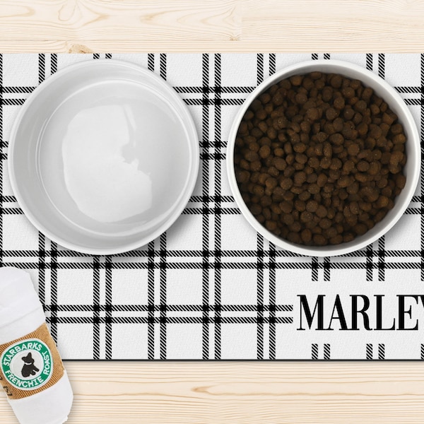 Custom Personalized Dog Mat Pet Placemat Cat Food Mat with Name Gift for Pet 10x16 Rubber Non-Slip Mat Black and White Plaid