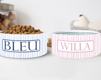 Personalized Stripe Dog Bowls, Preppy Custom Ceramic Food and Water Pet Bowls