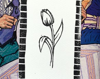 Tulip with Checkerboard Trim Linocut Block Print on Watercolor Paper | 4”x6”