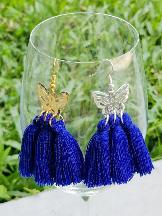 Tassel Earring Blue Tassel Earrings With Butterfly Tassel