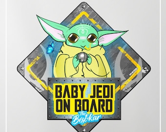 Cute baby Yoda on board sign sticker for car truck van laptop / Star Wars Disney The Mandalorian Fan Art Sticker / Bebé a bordo Grogu