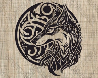 May include: Black and white illustration of a wolf's head with intricate Celtic knotwork surrounding it.