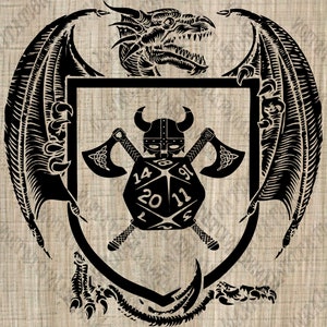 May include: Black and white illustration of a coat of arms featuring a dragon, a 20-sided die, and two crossed axes. The die has the numbers 14, 20, 11, and 91 on its visible faces.