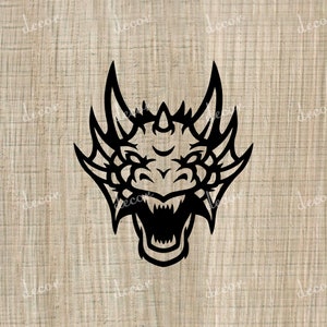 May include: Black and white silhouette of a dragon's head with sharp teeth and a fierce expression.