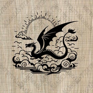 May include: Black and white silhouette of a dragon flying through clouds with a sun behind it.