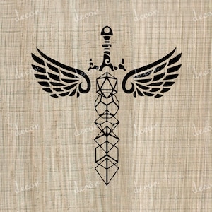 May include: Black and white illustration of a sword with wings and a 20-sided die in the center.