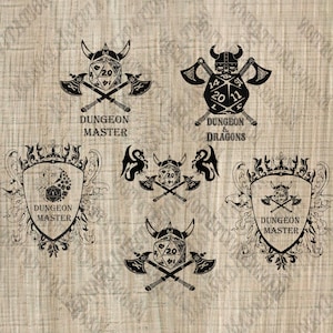May include: Five black and white illustrations of a Dungeons and Dragons themed design. The designs feature a 20-sided die, axes, a viking helmet, and the words "Dungeon Master" and "Dungeon & Dragons".