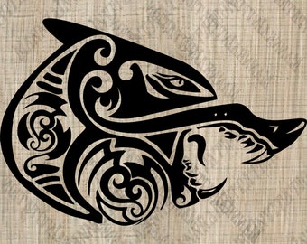 May include: Black and white tribal style illustration of a shark's head with intricate details.