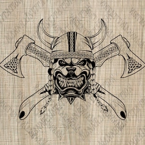May include: Black and white illustration of a dog wearing a Viking helmet with horns and holding two axes. The dog has a fierce expression and is wearing braids.