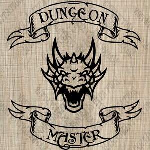 May include: Black and white illustration of a dragon's head with a banner above that reads "Dungeon" and a banner below that reads "Master".