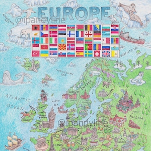 May include: A colorful hand-drawn map of Europe with flags of each country, landmarks, and national symbols. The map is drawn in a cartoon style with a blue background and green landmasses.