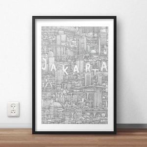 Jakarta Stadt Drucke von detaillierter Hand gezeichneter Kunst für Wohnkultur, Jubiläum, Geschenk