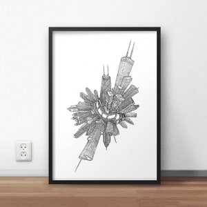 Impresión de arte de Chicago dibujada a mano detallada para decoración coleccionable, arte original de Ipan